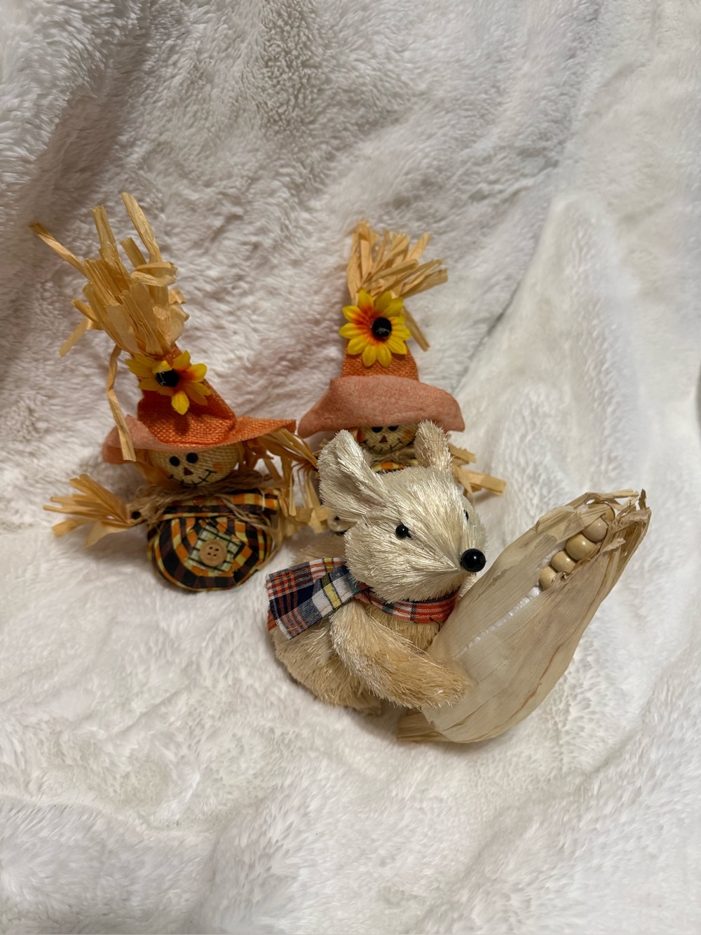 3pc Fall Harvest Tiered Tray Decor Set - 2 Mini Burlap Scarecrows & Sisal Mouse